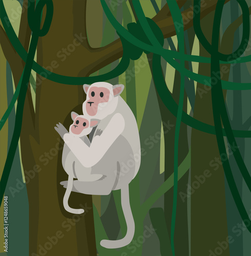  Macaca fuscata japanese monkey macaca jungle vector cute flat cartoon character ilustration in natural habitat in jungle asian