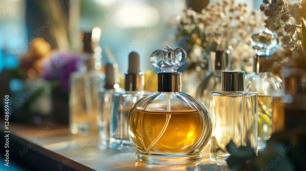 Elegant display of perfume bottles on a reflective surface Elegant display of perfume bottles on a reflective surface