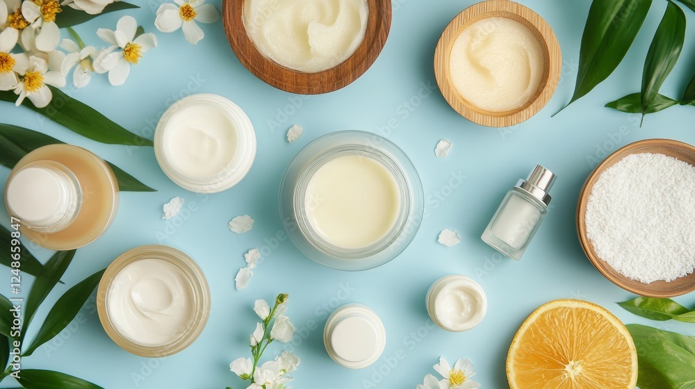 Flat-lay of skincare products and natural elements Flat-lay of skincare products and natural elements