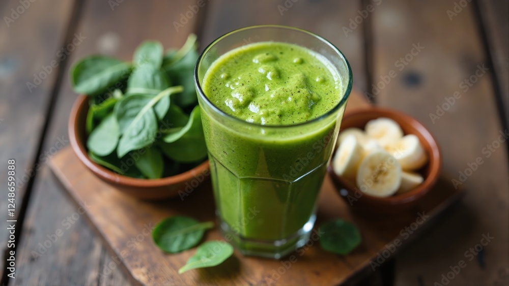 A glass of green juice is on a wooden table with a bowl of spinach and a bowl of bananas A glass of green juice is on a wooden table with a bowl of spinach and a bowl of bananas