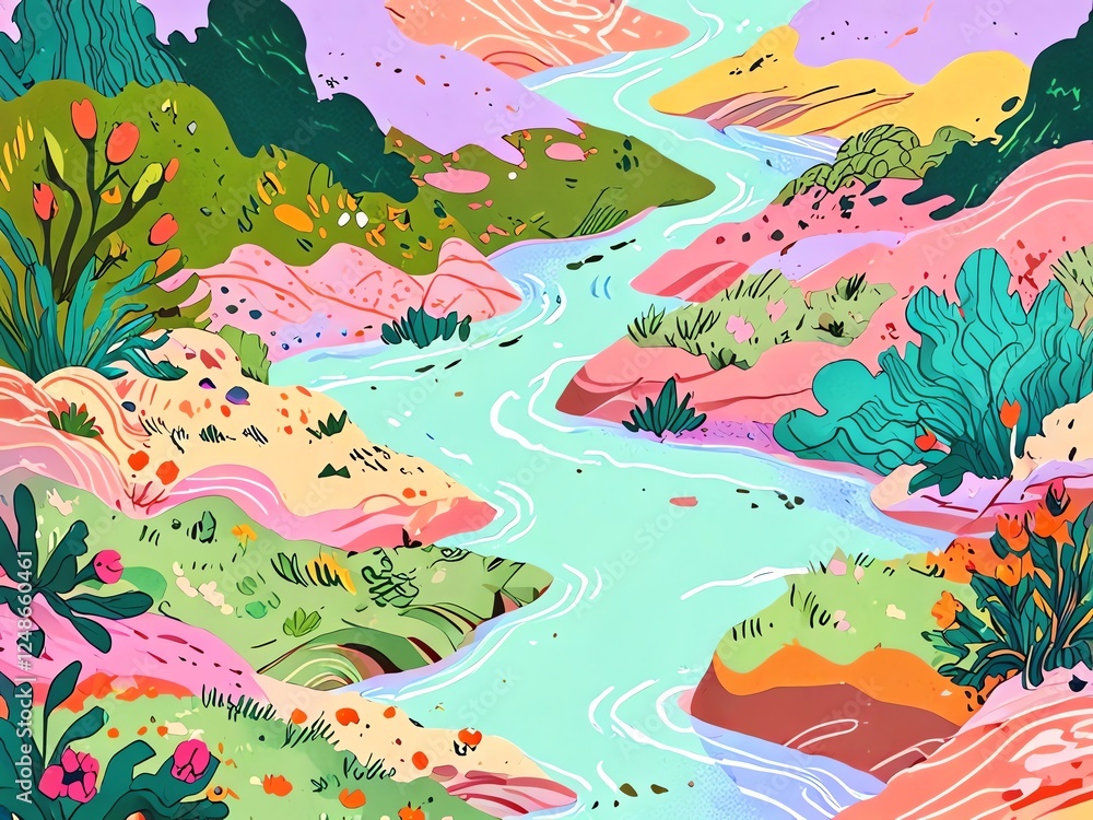 Whimsical River Landscape: A Colorful Journey Through Nature's Embrace Whimsical River Landscape: A Colorful Journey Through Nature's Embrace