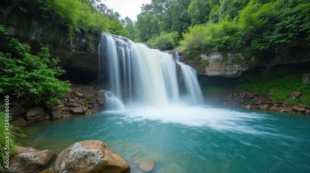 Obraz premium Picturesque Waterfall Cascading into Tranquil Pool