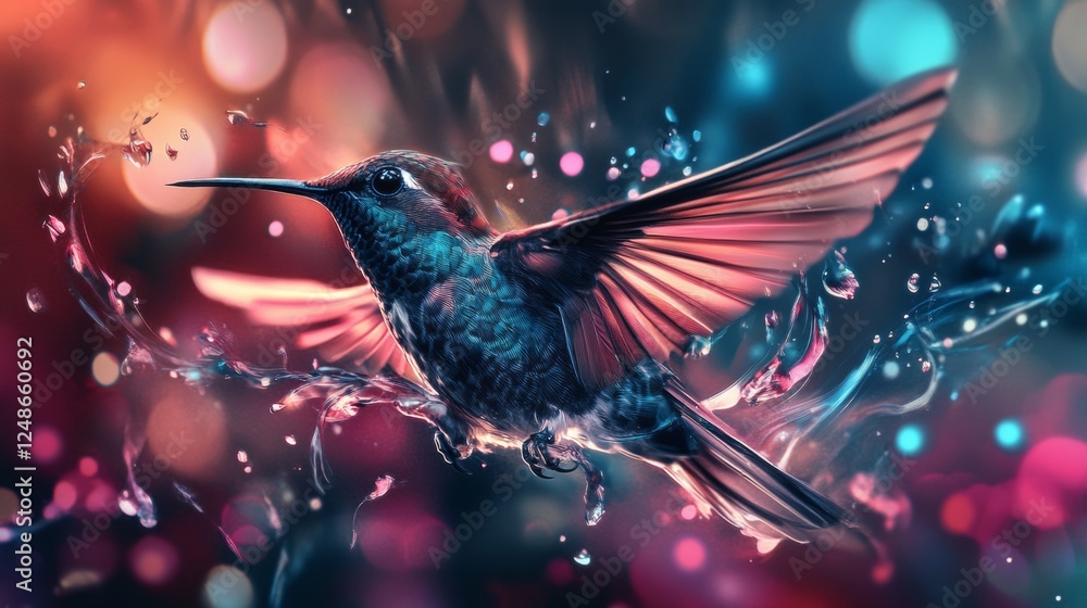 Colorful hummingbird in flight surrounded by vibrant light Colorful hummingbird in flight surrounded by vibrant light