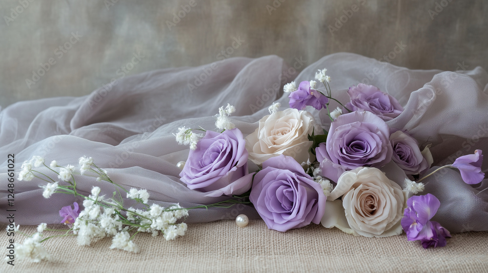 Aesthetic floral arrangement with soft lavender and purple hues, delicate roses and wildflowers in a rustic setting Aesthetic floral arrangement with soft lavender and purple hues, delicate roses and wildflowers in a rustic setting