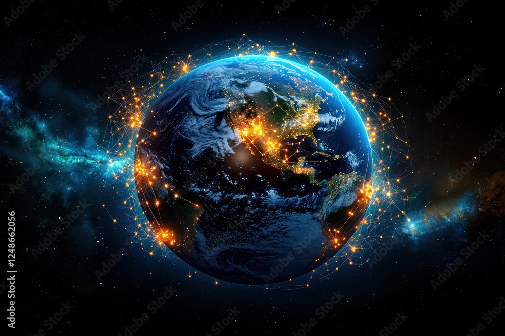 Obraz premium A vibrant depiction of Earth surrounded by glowing connections, showcasing the digital network linking global locations