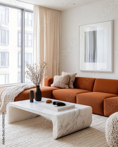 Elegant living room with a rust colored sectional sofa, sculptural marble coffee table, oversized knitted throw, and soft linen curtains