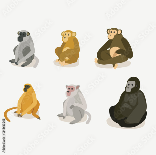 set of different types and spices of monkeys and apes macaca chimpanzee gorilla flat vector illustration wild animals jungle vector characters isolated on white bacground
