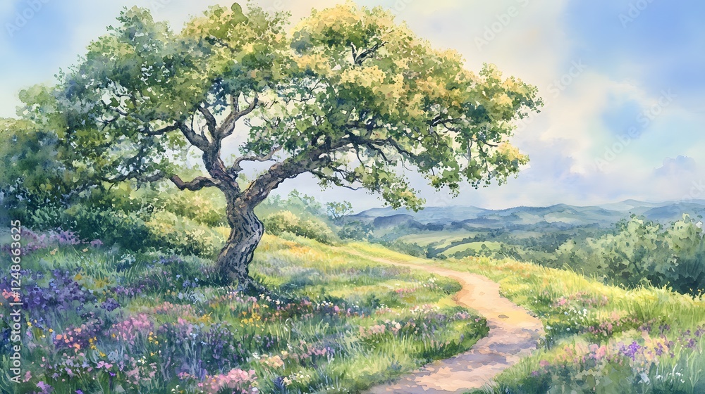 Watercolor painting of a lone tree atop a grassy hill
