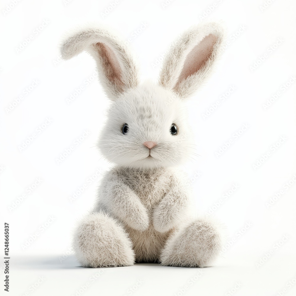 Fototapeta premium Fluffy white bunny sits sweetly on a white background, symbolizing spring and new beginnings. Ideal for holiday, children's content, and seasonal marketing campaigns.