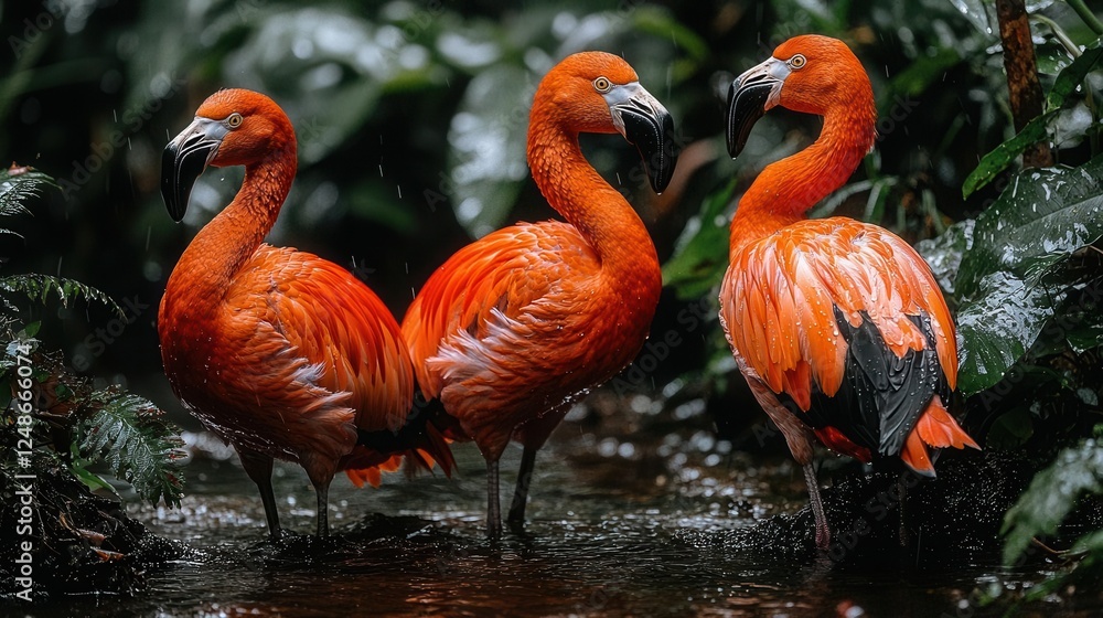 Fototapeta premium A vibrant scene featuring three striking flamingos standing gracefully in lush greenery, showcasing their brilliant orange feathers and elegant poses. Copy space for text