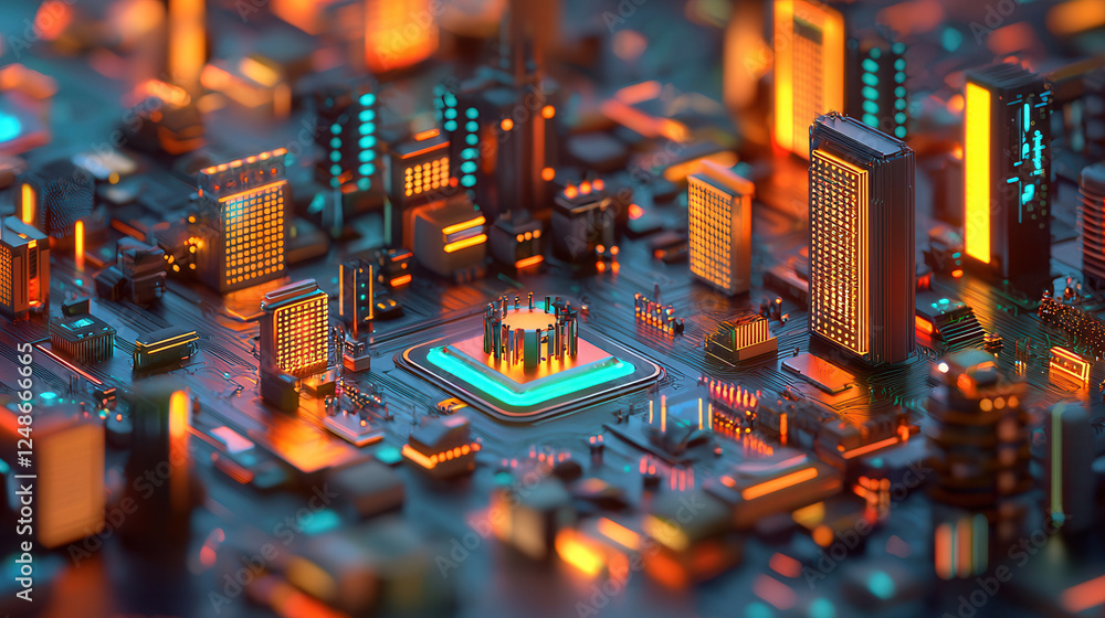 High tech cityscape with glowing buildings and circuit board design, showcasing futuristic architecture and vibrant colors High tech cityscape with glowing buildings and circuit board design, showcasing futuristic architecture and vibrant colors
