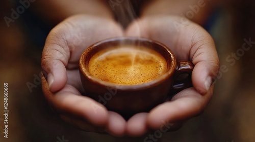 Hands holding a steaming espresso