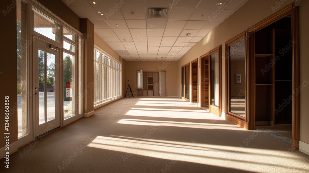 Sunny hallway with large windows and wooden flooring Sunny hallway with large windows and wooden flooring