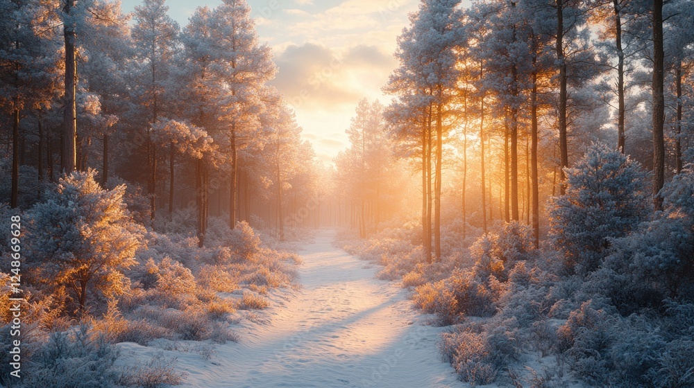 Fototapeta premium Snowy Winter Forest Trail Surrounded by Tall Pines and Frosted Trees