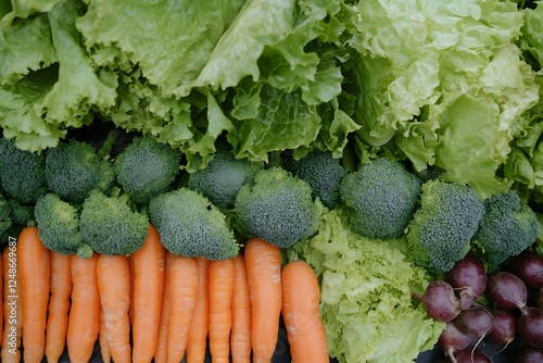 Farm fresh broccoli, carrots, lettuce, beets.  Market stall display. Healthy eating photo