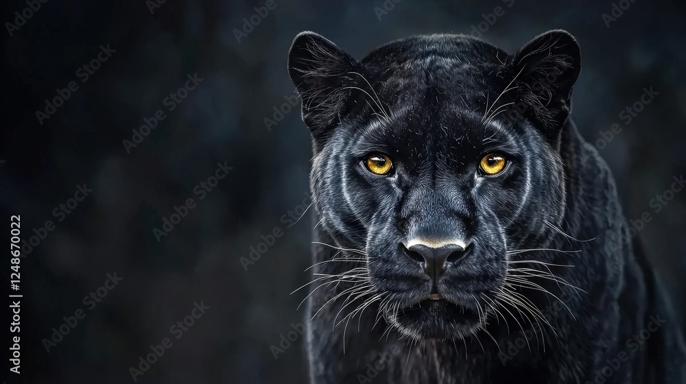 Elegant black panther with piercing yellow eyes on a dark background embodying power and agility. Ideal for wildlife, conservation, and nature-themed content. Elegant black panther with piercing yellow eyes on a dark background embodying power and agility. Ideal for wildlife, conservation, and nature-themed content.