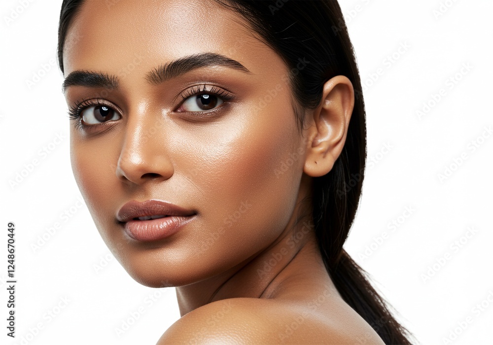 Naklejka premium portrait of a young woman's face with brown skin. ai generative
