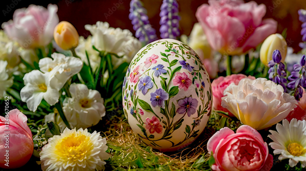Fototapeta premium Easter egg close up vibrant floral decoration