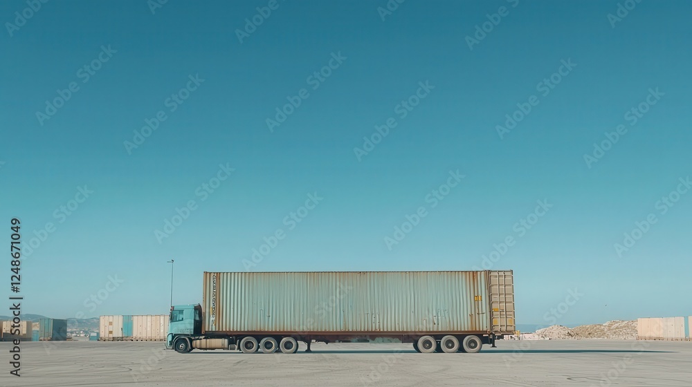 Long truck with a shipping container against a clear blue sky, symbolizing global trade and transport efficiency. Ideal for logistics, freight, and supply chain themes. Long truck with a shipping container against a clear blue sky, symbolizing global trade and transport efficiency. Ideal for logistics, freight, and supply chain themes.