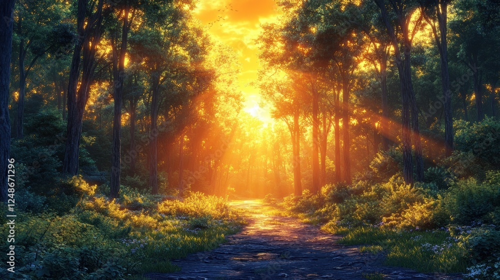 Autumn Forest Sunset with Golden Hour Light and Tranquil Path Autumn Forest Sunset with Golden Hour Light and Tranquil Path