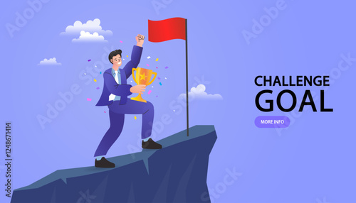 Challenge and goal achievement concept. A successful businessman with a trophy and a flag on a mountain top. A vector illustration for a leadership, victory, and business success mission.