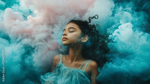 Surreal portrait of a woman surrounded by clouds