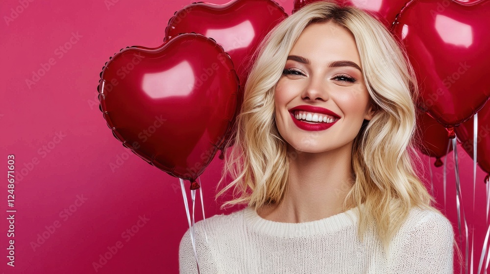 Joyful Woman with Heart Balloons Against Pink Background Smiling Joyful Woman with Heart Balloons Against Pink Background Smiling
