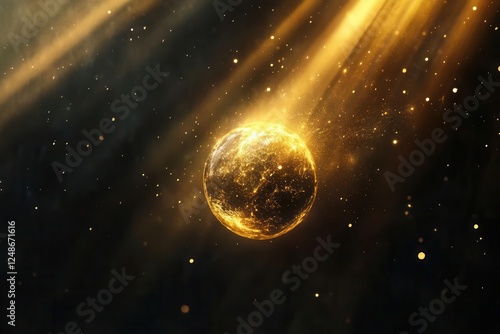 ethereal luminous golden orb floating in dark void, minimalist composition with radiant light rays and subtle particle effects photo