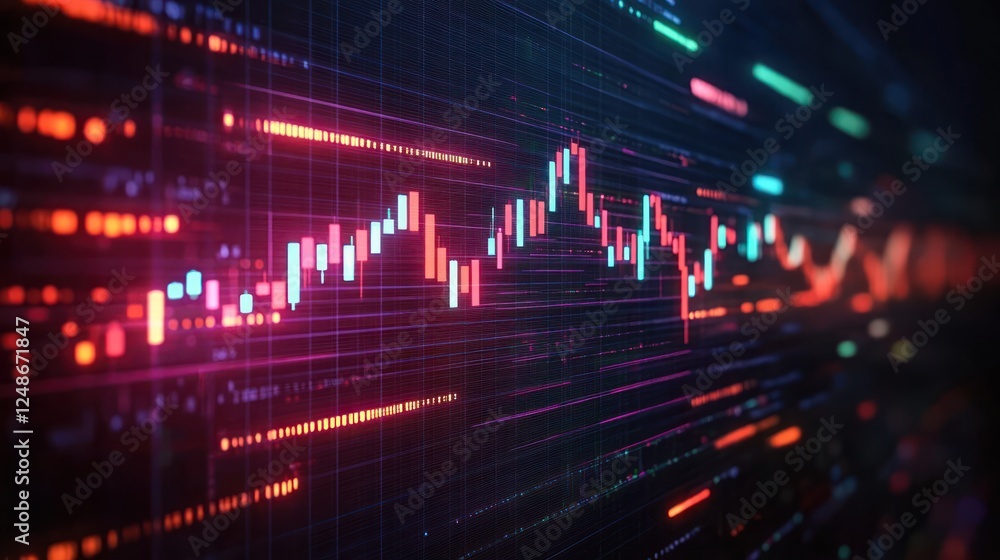 Fototapeta premium Futuristic Digital Trading Chart with Neon Colors and High Contrast Buy Sell Signals in a Cyberpunk Style