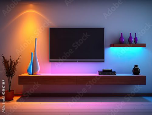 Modern Living Room with Ambient LED Lighting and Minimalist Decor
