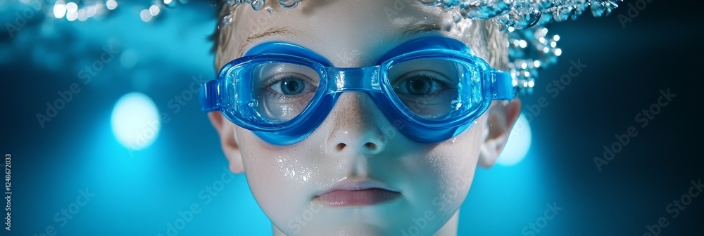 Young Swimmer Underwater with Goggles - A focused young swimmer wearing clear goggles submerged underwater with bubbles around and a blue background. Young Swimmer Underwater with Goggles - A focused young swimmer wearing clear goggles submerged underwater with bubbles around and a blue background.