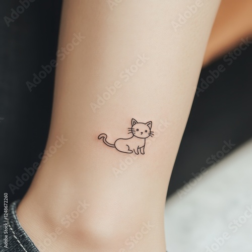 Cat tattoo design for young people, modern and simple style. Smooth and delicate cat tattoo, soft natural light highlights the details and texture. Perfect for tattoo studios and art galleries.