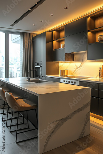 Photographie immobilière d'une cuisine moderne élégante avec marbre blanc et armoires noires, HDR, 3D, design, tendance, architecte photo