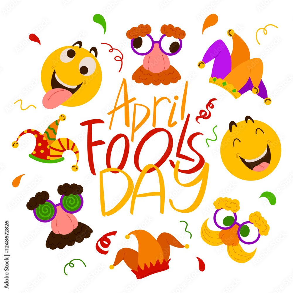 Fototapeta premium April Fool's Day poster template. Vector Illustration with hand writing lettering, disguise glasses, jester's hat, emoji. Party invitation. Flyer, poster, brochure, card, banner