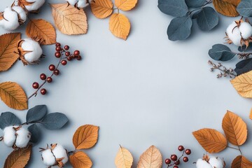 Autumn flat lay composition of leaves cotton berries on gray background cozy minimal design