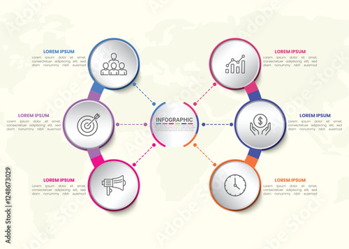 6 list of steps, layout diagram with number of sequence, circular infographic element template
