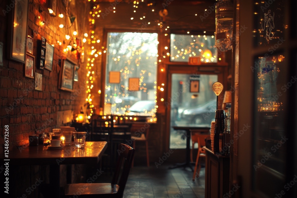 A cozy coffee shop scene filled with warm inviting lights - A warm coffee shop interior featuring brick walls, soft lighting, wooden tables, glowing candles, and an inviting atmosphere. A cozy coffee shop scene filled with warm inviting lights - A warm coffee shop interior featuring brick walls, soft lighting, wooden tables, glowing candles, and an inviting atmosphere.