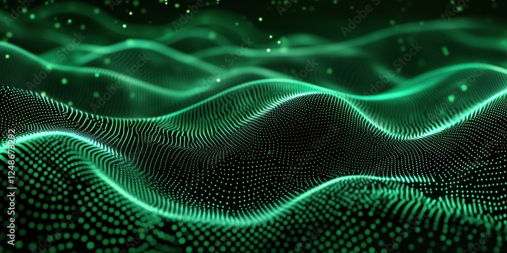 Fototapeta premium Dynamic green wave pattern with glowing dots creating a mesmerizing visual effect in a digital landscape