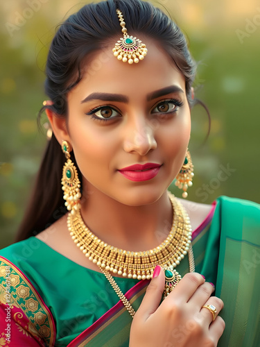 Portrait of beautiful indian female. Young hindu woman model kundan jewelry. photo