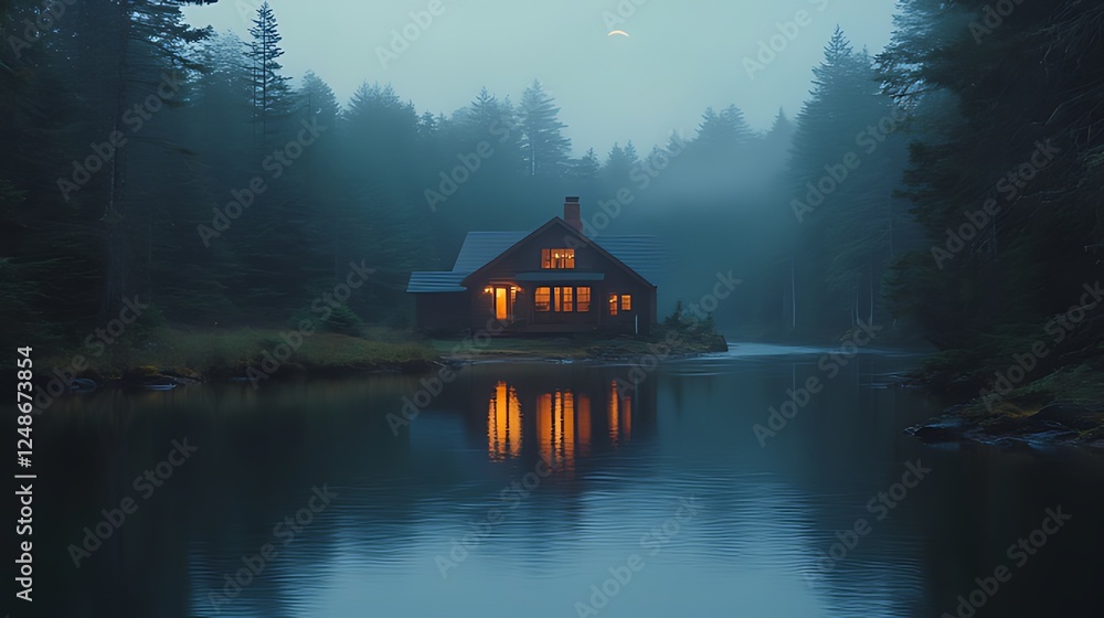 Fototapeta premium Lakeside cabin glows at twilight, foggy forest