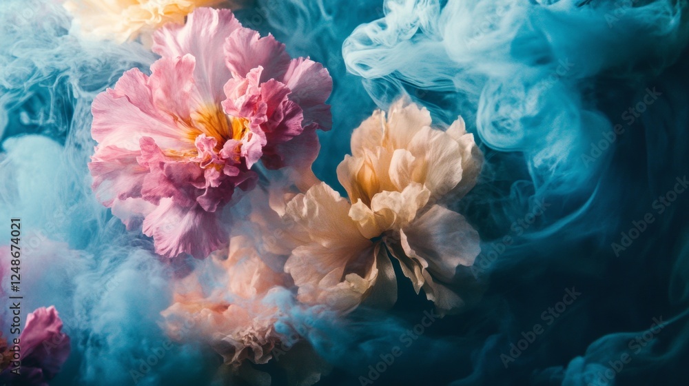Elegant pink and white peonies surrounded by blue mist Elegant pink and white peonies surrounded by blue mist