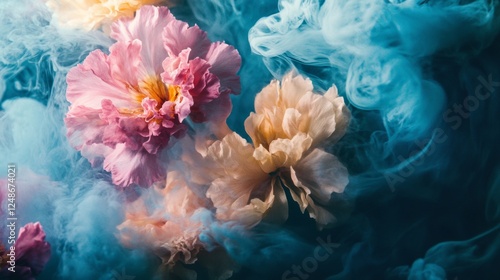 Fototapeta Naklejka Na Ścianę i Meble -  Elegant pink and white peonies surrounded by blue mist