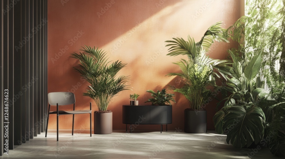 Fototapeta premium Modern patio with tropical plants and warm tones