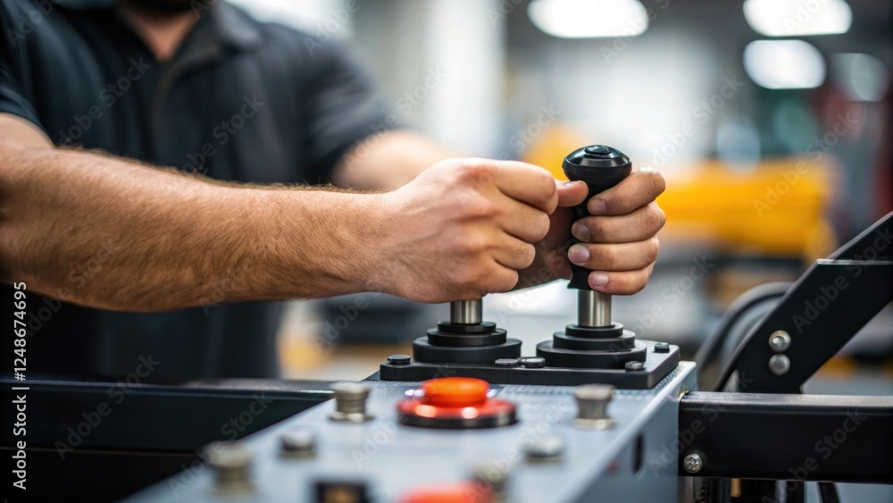A closeup focusing on the intricate details of the control mechanism with the operators hands deftly manipulating a joystick highlighting the synergy between man and machine. A closeup focusing on the intricate details of the control mechanism with the operators hands deftly manipulating a joystick highlighting the synergy between man and machine.