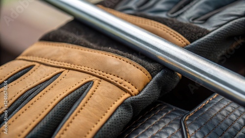 A closeup focuses on the seam of the gloves where the fabric meets the leather framed by the gleaming rod encapsulating the balance between protection and functionality. photo