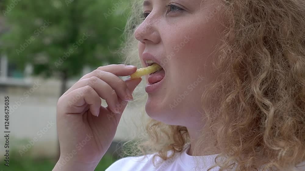 Overweight Caucasian woman eating French fries while walking. Overweight Caucasian woman eating French fries while walking.