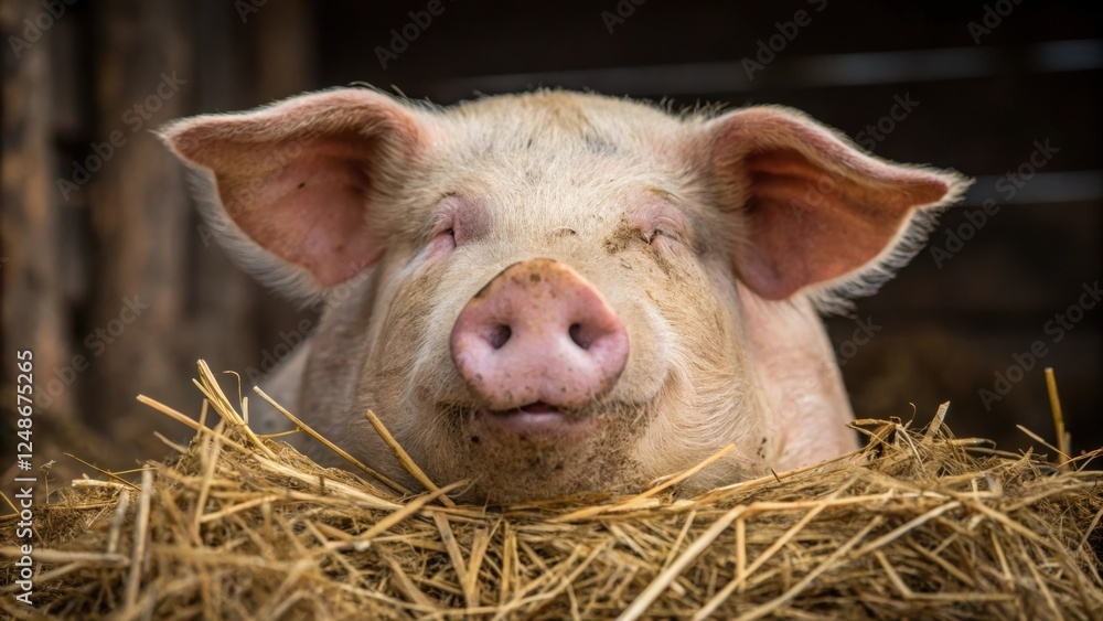 A closeup of a content pig munching on a pile of hay with dirt smeared on its snout and eyes closed in delight evoking the satisfaction of wellfed livestock. A closeup of a content pig munching on a pile of hay with dirt smeared on its snout and eyes closed in delight evoking the satisfaction of wellfed livestock.