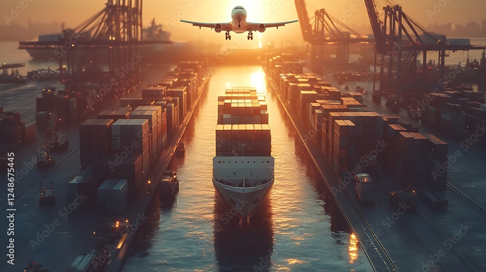 Obraz premium Cargo Plane Taking Off Over Shipping Port at Sunset