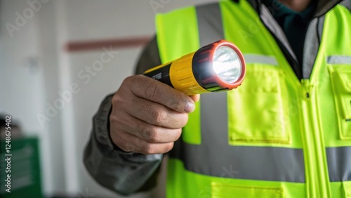 A closeup of a hand signaling with a brightly colored flashlight the highvisibility green fabric of the uniform catching the light emphasizing safety amidst softfocus equipment photo