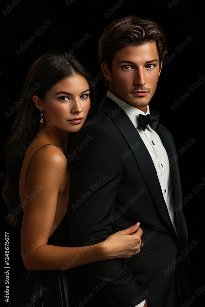 A man in a tuxedo and a woman in a dress pose for a picture A man in a tuxedo and a woman in a dress pose for a picture